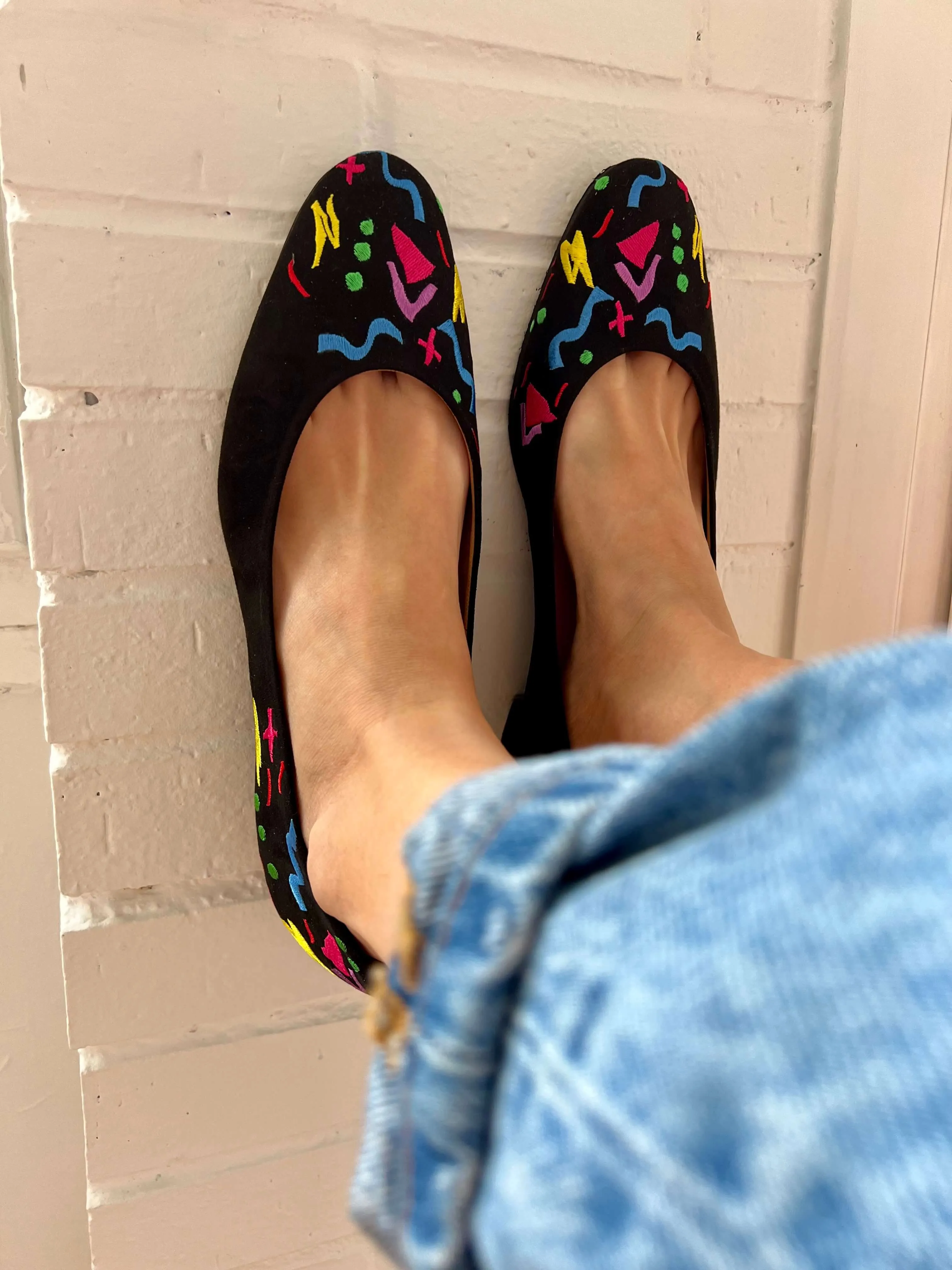 Confetti Vegan Embroidered Eco Suede Ballerinas | Black & Multi